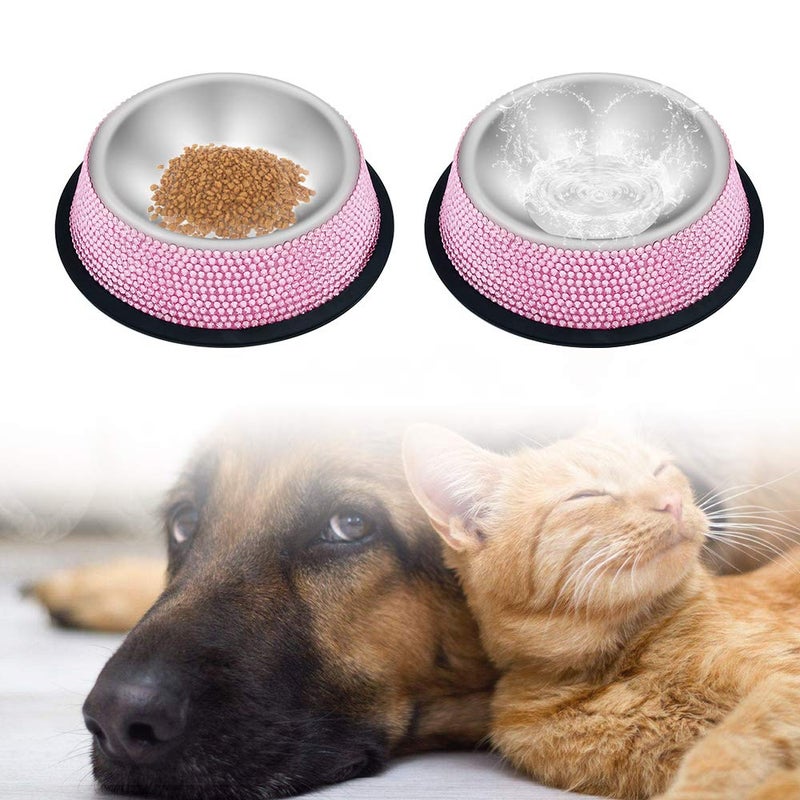 Triumilynn Rhinestone Cat Bowls Rhinestone Dog Bowls, Pink Cat Food Bowl Pink Bling Dog Bowl Stainless Steel for Small Pets Food Water Dishes-2 Pack - Image 4